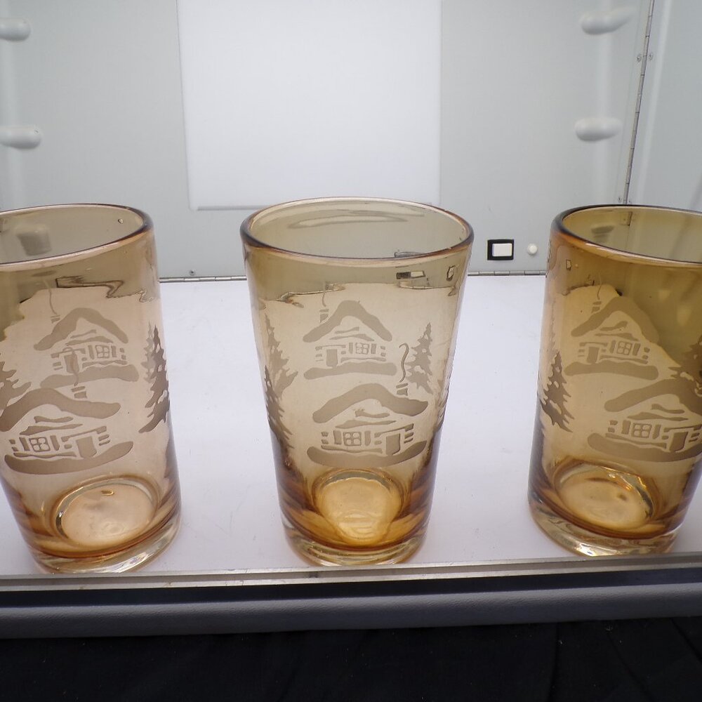 3 x Home Studio Woodland Amber Glass Tumblers 6.25” Etched Snowy Log Cabin Trees